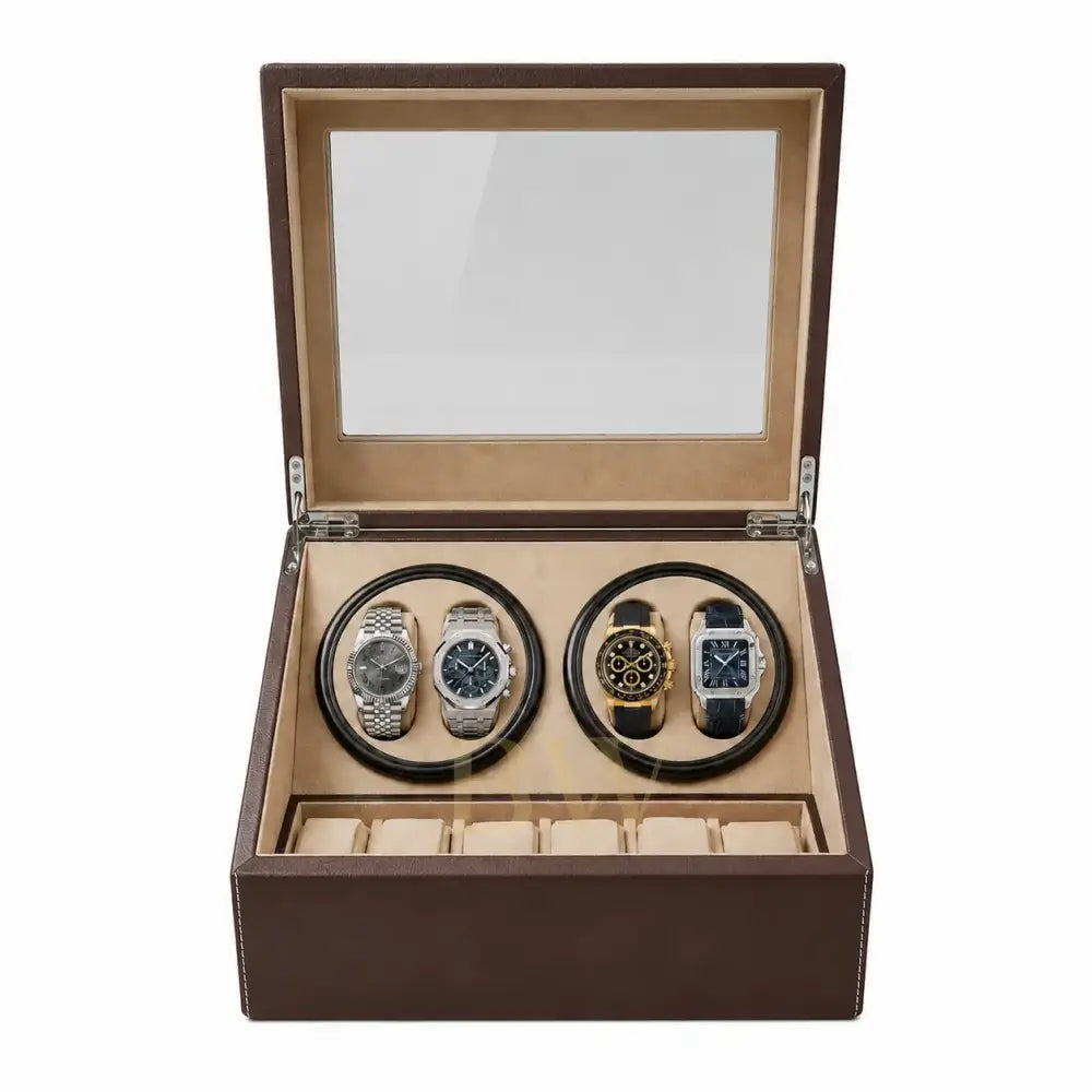 A brown leather watch winder box with an open glass lid, displaying two round watch stands holding four watches, with additional six watch cushion slots inside.