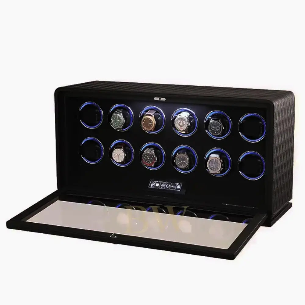 Black watch winder with multiple watch faces on a white background