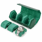 Green watch roll with a Rolex Daytona Panda watch on a white background
