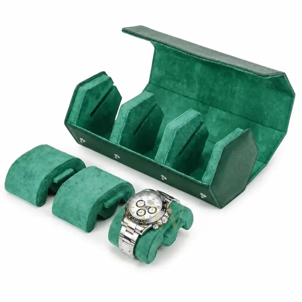 Green watch roll with a Rolex Daytona Panda watch on a white background
