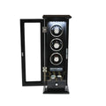 wooden black watch winder case with three watches inside on a white background