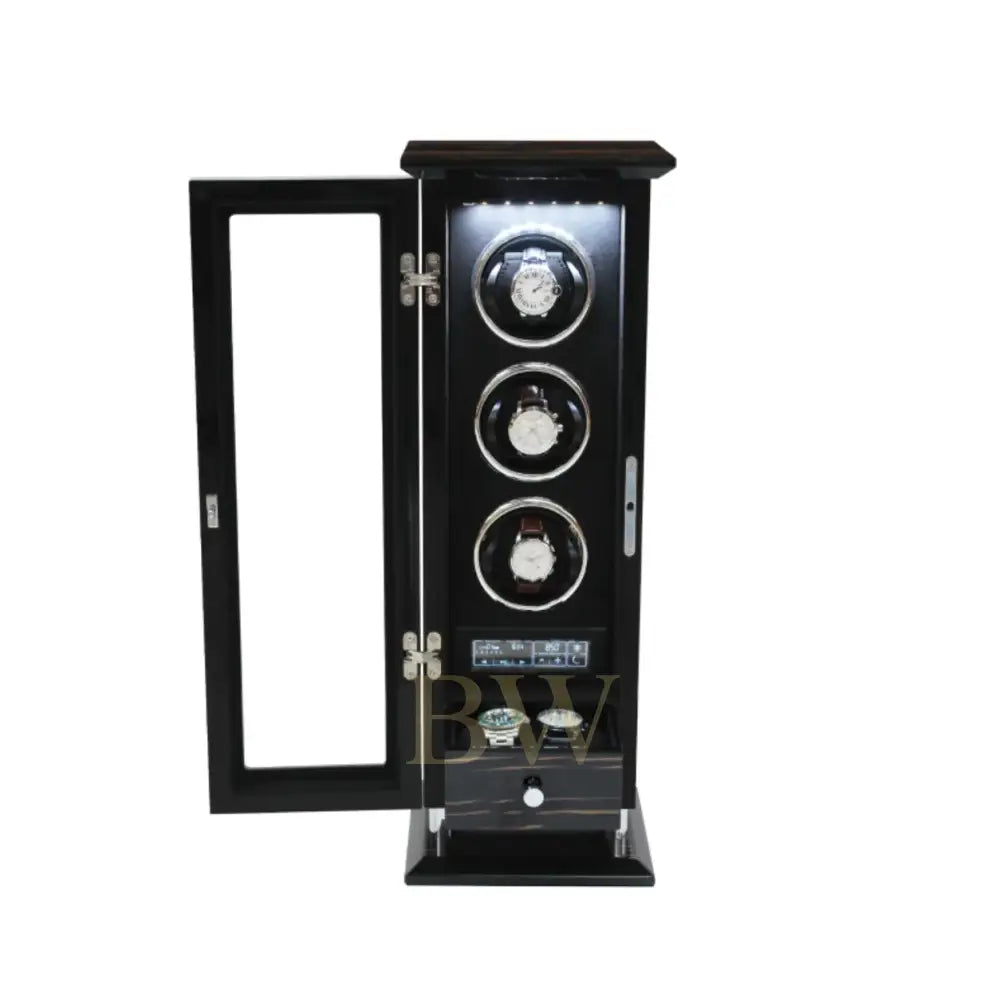 wooden black watch winder case with three watches inside on a white background