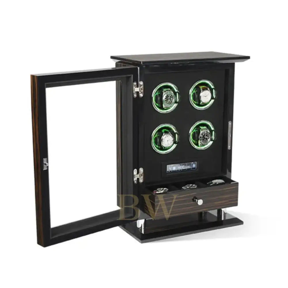 Watch winder display case with four luxury watches on a white background