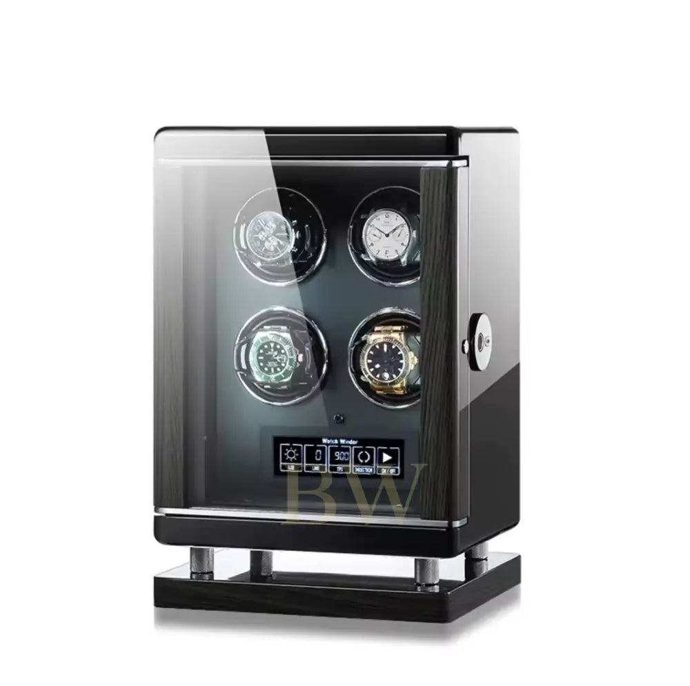 Watch winder with four rotating watches on a white background, featuring the brand 'Miron Atelier'.