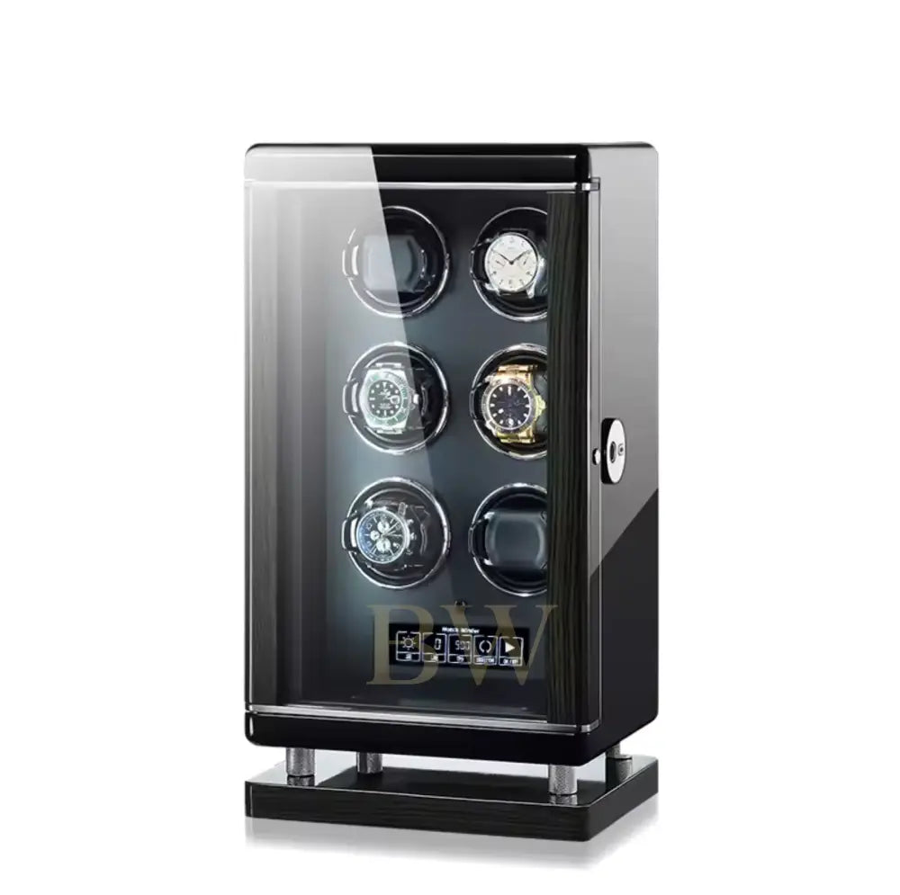 Watch winder with six luxury watches faces on a white background, featuring the brand 'Miron Atelier'.