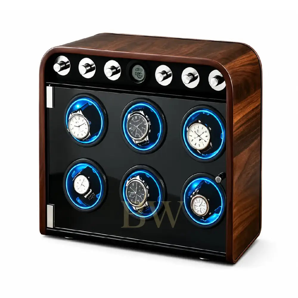 Wooden watch winder with six watches on a white background