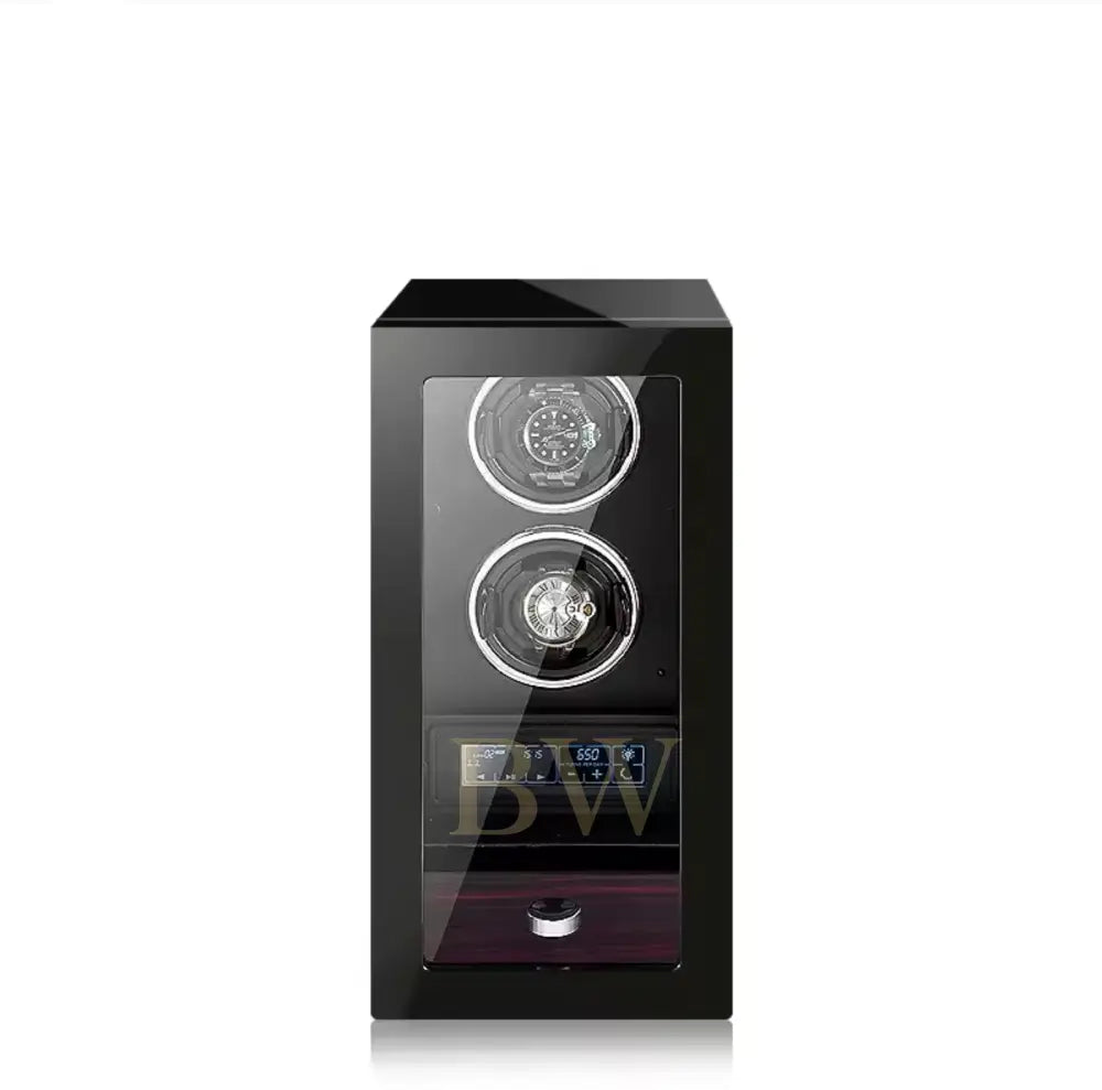 Watch winder with two watches inside on a white background, branded 'Miron Atelier'.