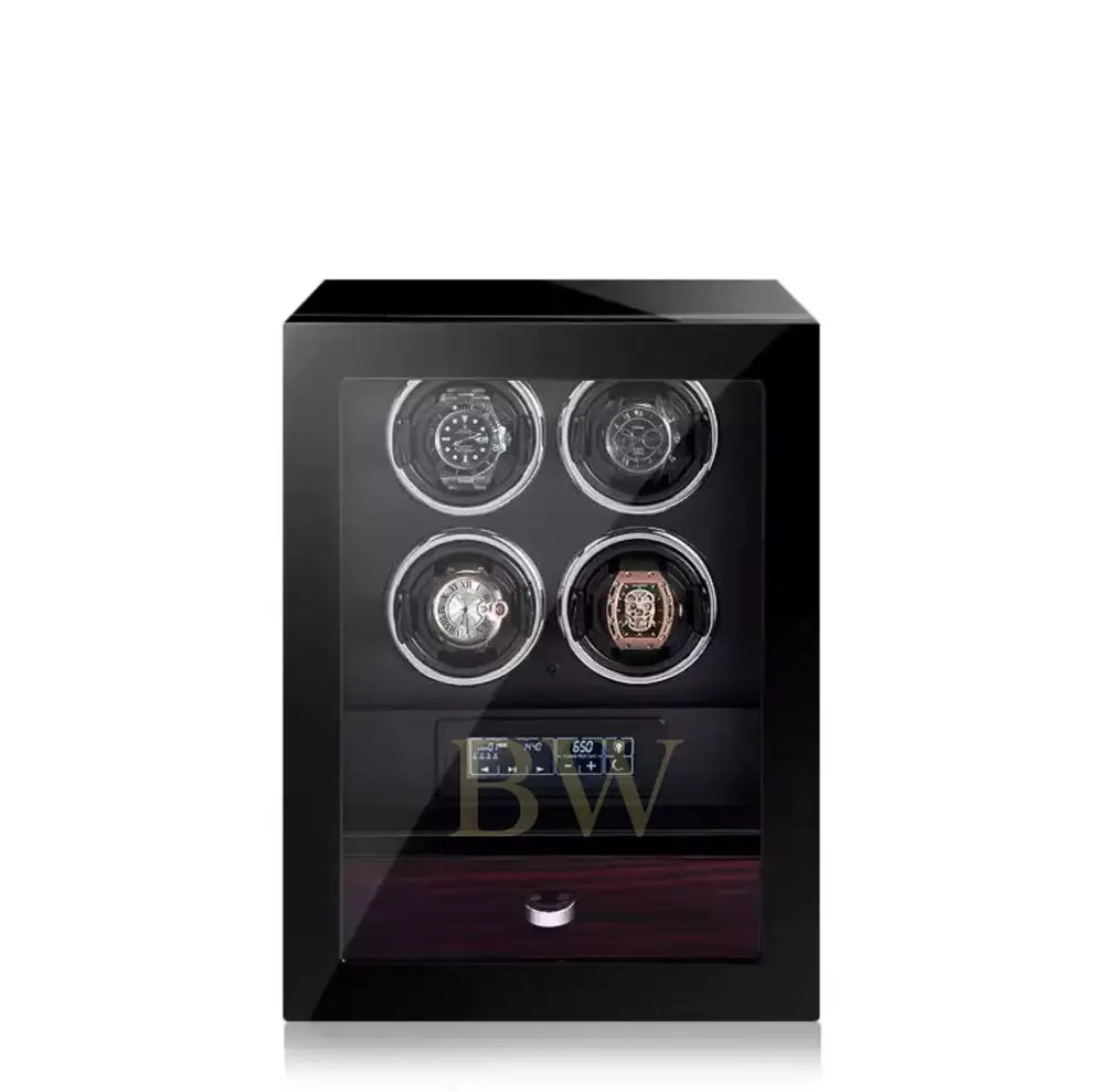 Black watch winder with four rotating watches on a white background, featuring the Miron Atelier brand.