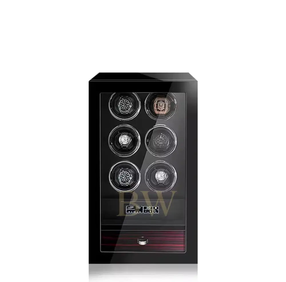 Black watch winder with six compartments on a white background, featuring the Miron Atelier brand.