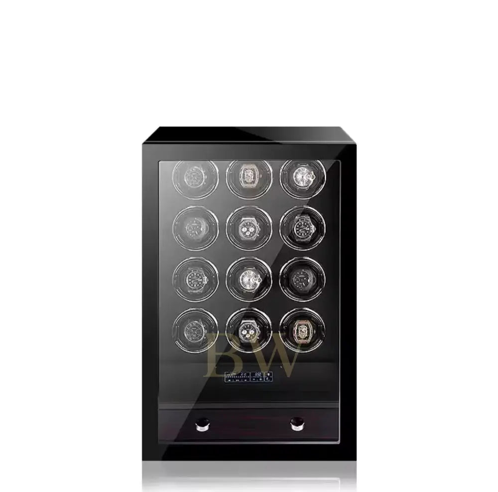 Black watch winder with multiple watch faces on a white background, featuring the Miron Atelier brand.