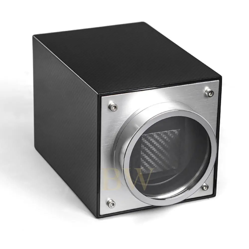 Black and silver cylindrical device with carbon fiber texture on a white background