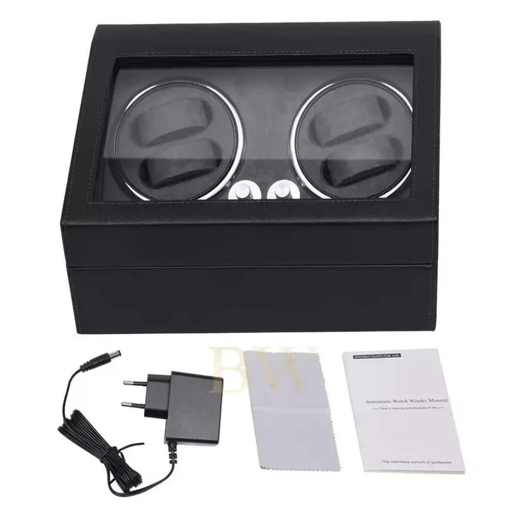 Black watch winder with accessories on a white background