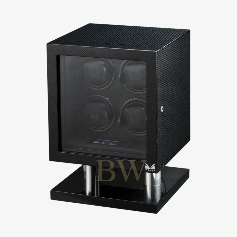Black watch winder, cubic form with four watches on a white background