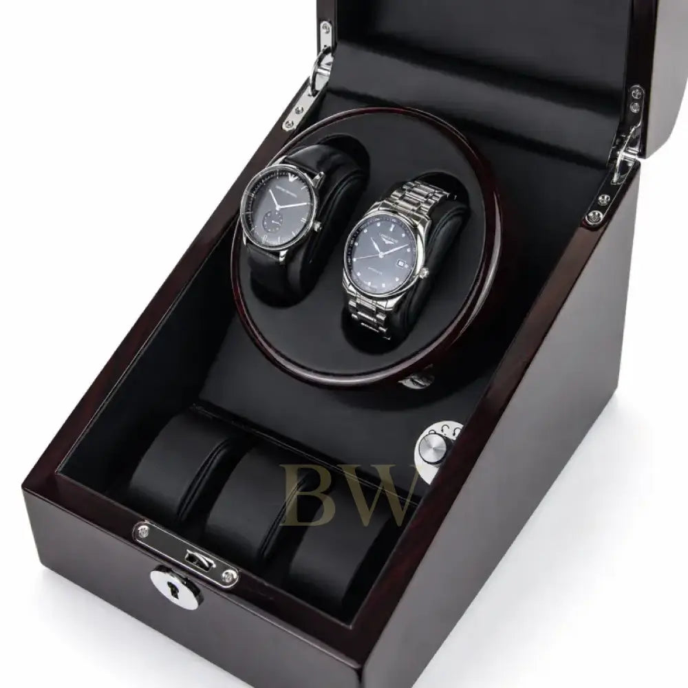 Wooden watch winder with two watches and 3 storage compartments inside