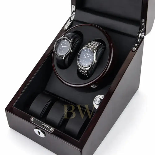 Wooden watch winder with two watches and 3 storage compartments inside