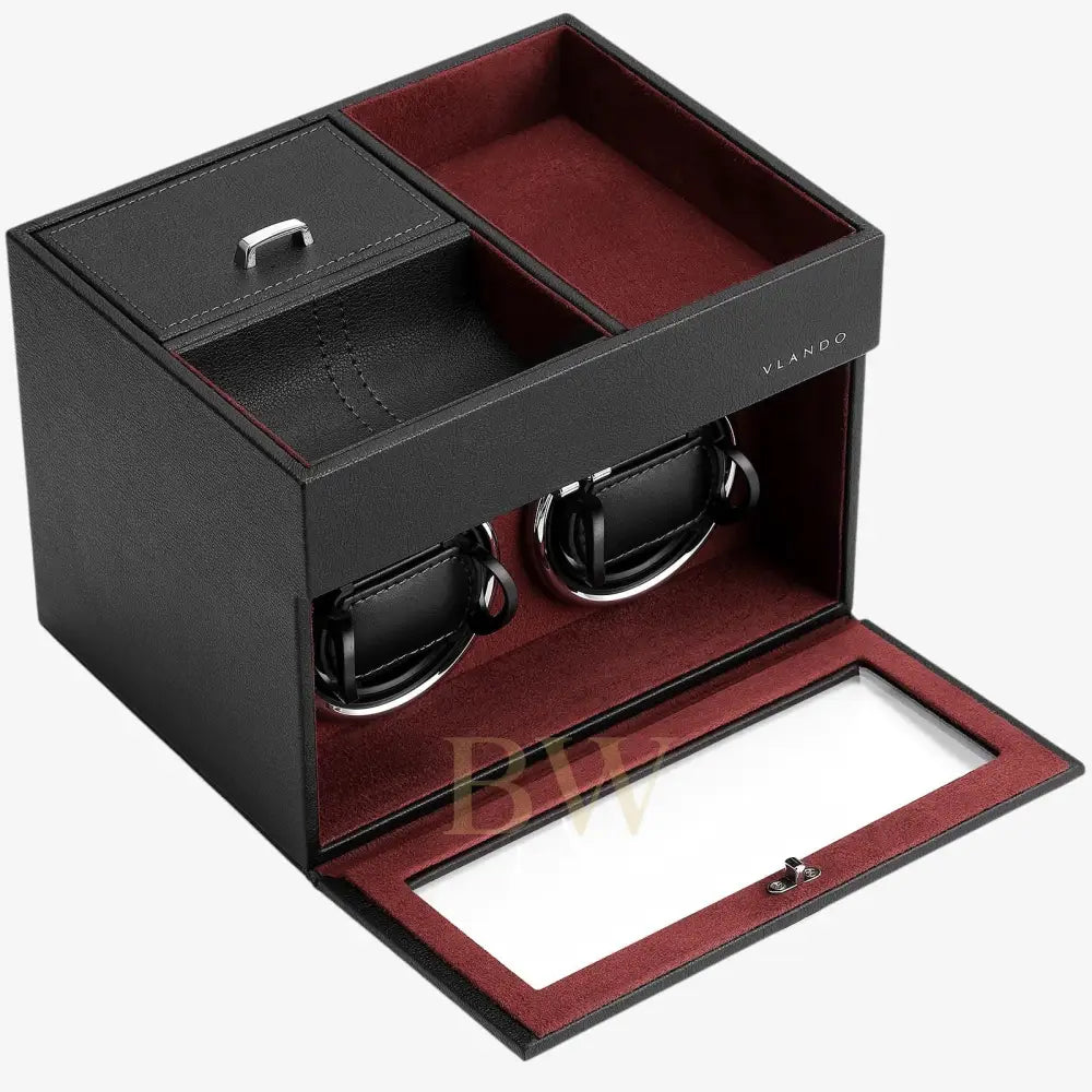 Black and red watch winder box with double watches