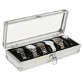 Silver watch box with six luxury watches inside on a white background