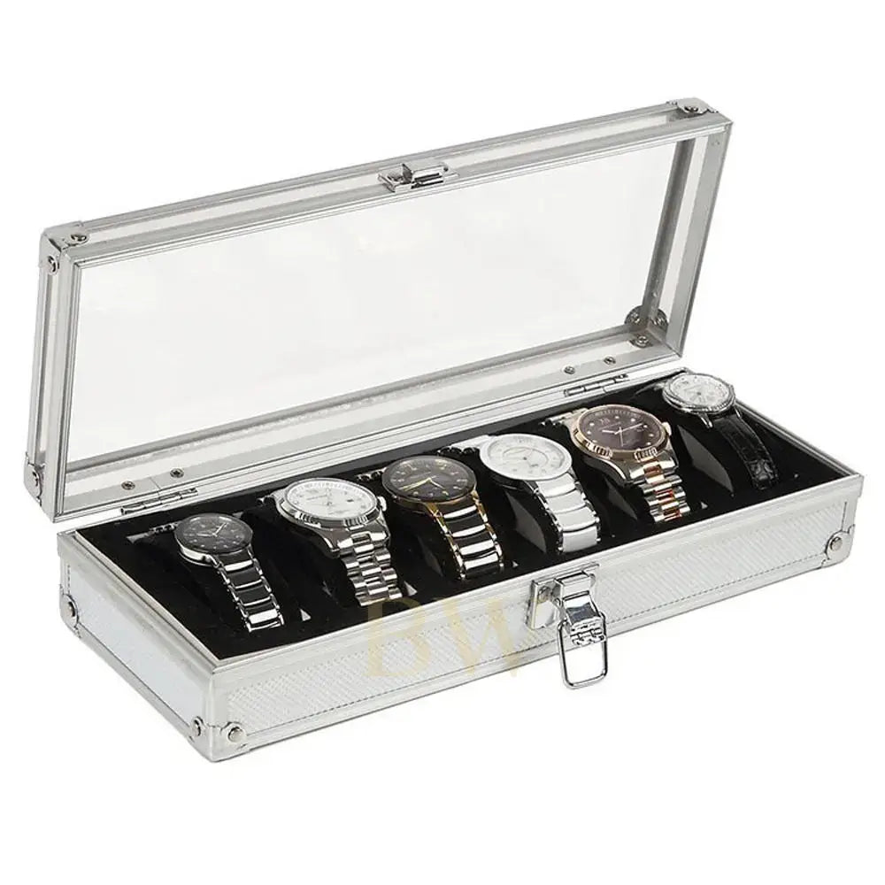 Silver watch box with six luxury watches inside on a white background