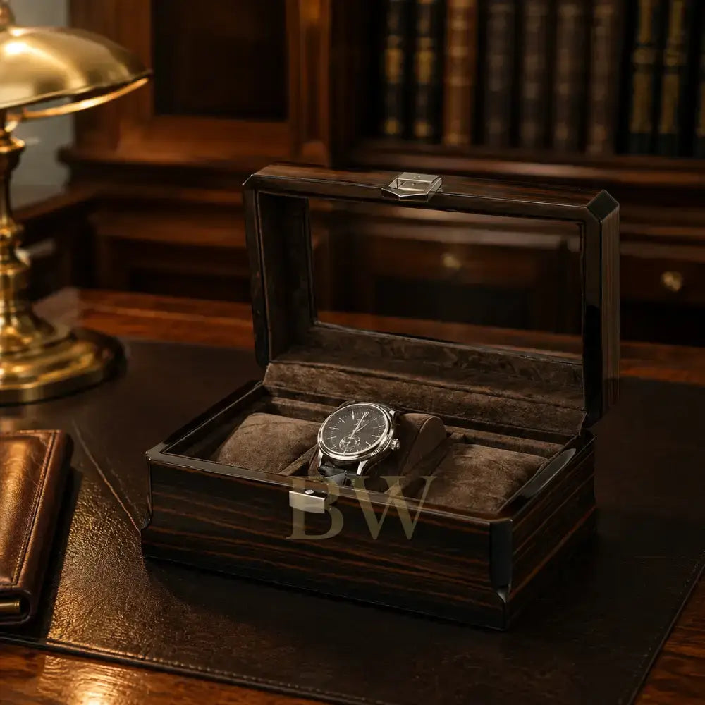 A dark wood watch storage box with a clear glass lid, velvet interior, and silver latch, shown open on a wooden desk with a watch inside. A brass desk lamp and bookshelves are visible in the background.