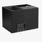 Black storage watch winder box with compartments and control panel on a white background