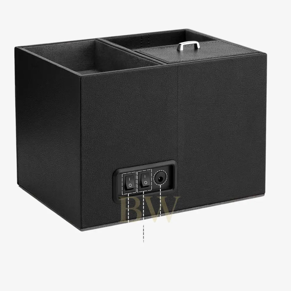 Black storage watch winder box with compartments and control panel on a white background