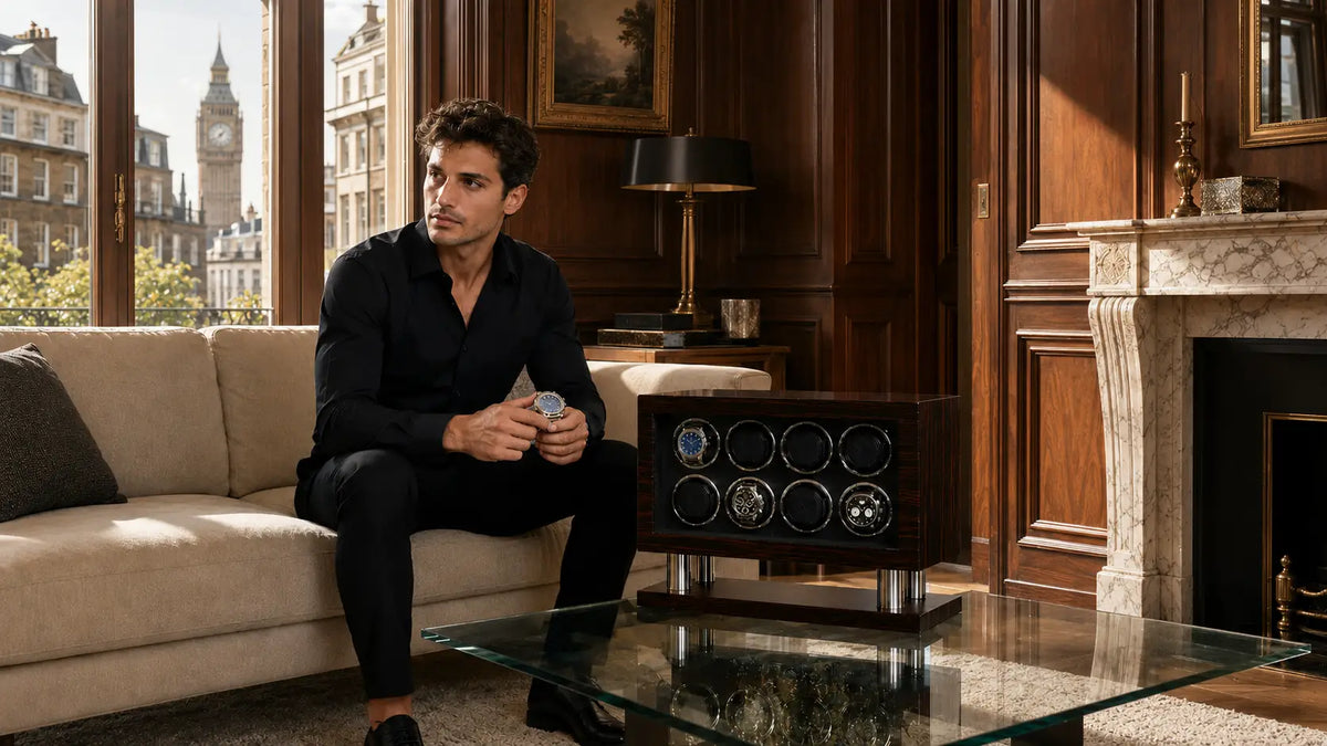 A britishman in a black shirt sits on a beige sofa in a luxurious wood-paneled room, holding a watch. A dark wood watch winder with circular watch faces is positioned in front of him in a London apartment.