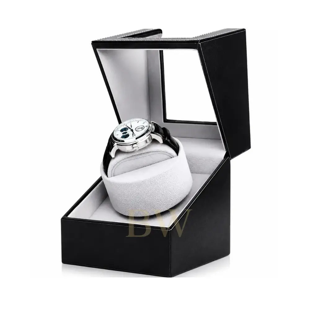 Silver Luxury Watch in a black and white Watch Winder box on a white background