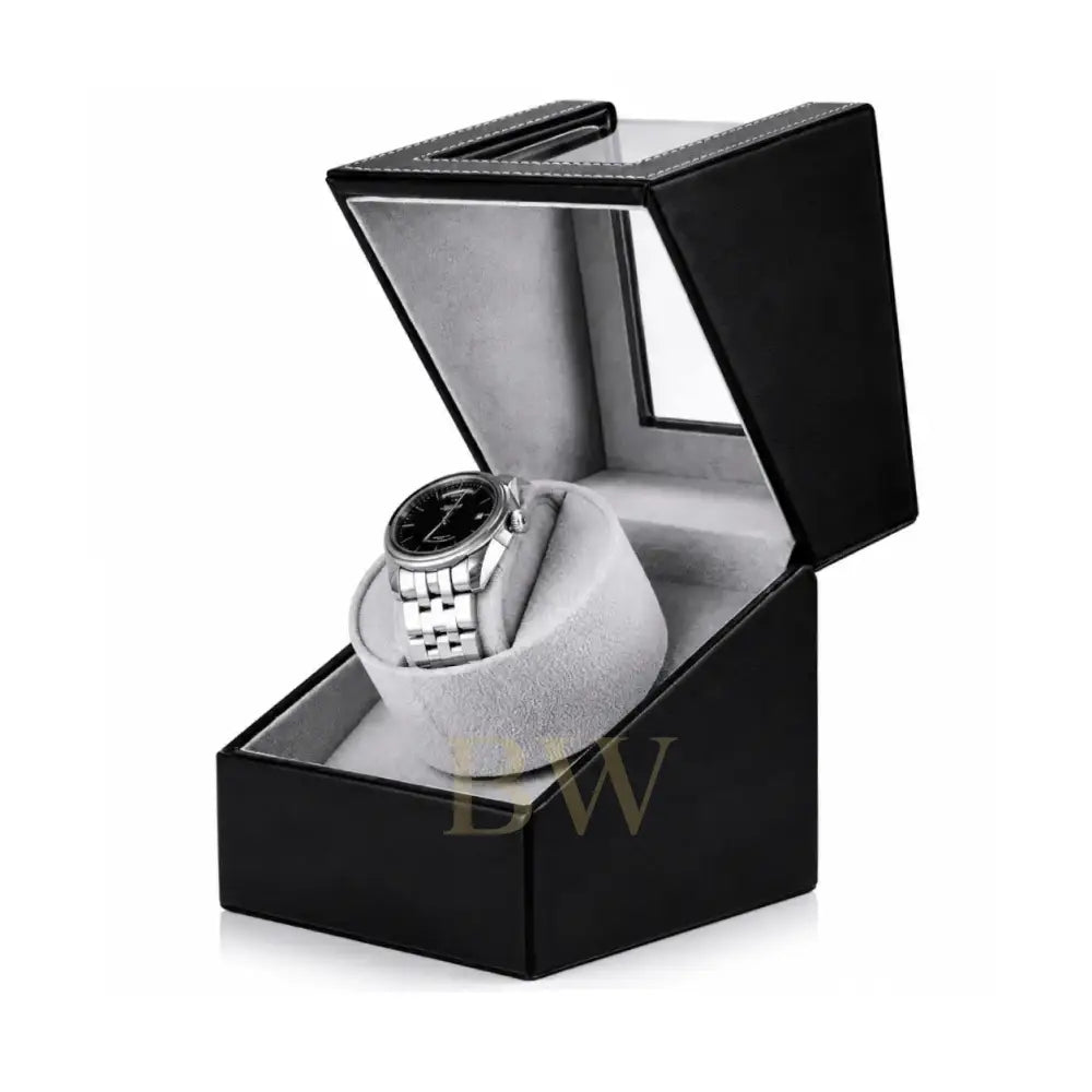 Luxury Watch in a black watch winder box and grey velour on a white background