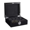 Black watch box with glass lid on a white background