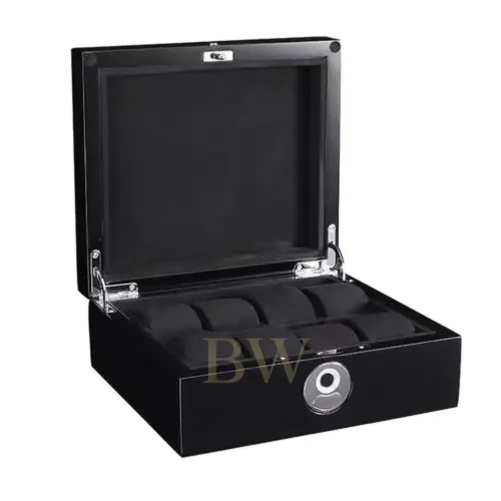 Black watch box with glass lid on a white background