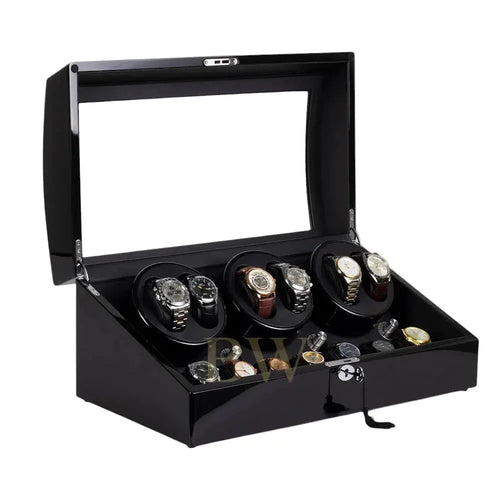 Black watch display case with multiple watches inside on a white background
