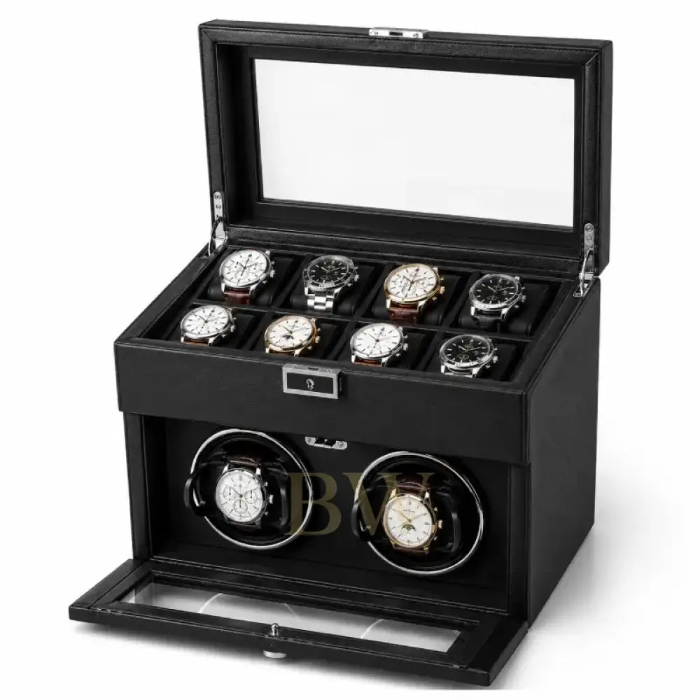 Black watch winder with six watches on a white background