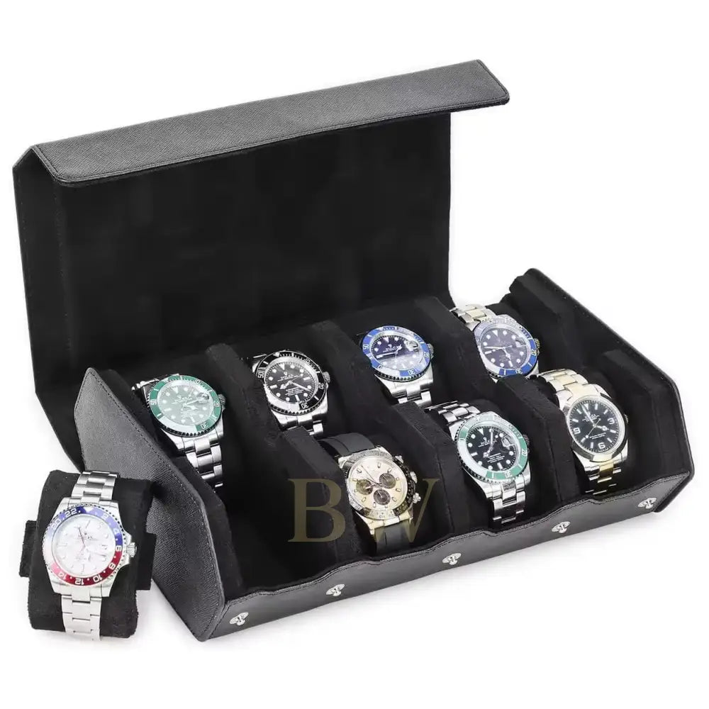 A black watch roll box with 8 cushioned slots holding multiple luxury watches, plus one watch displayed on a small matching stand in front.