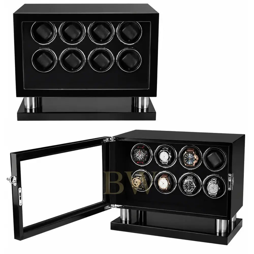 Black watch winder with multiple watch cases on a white background