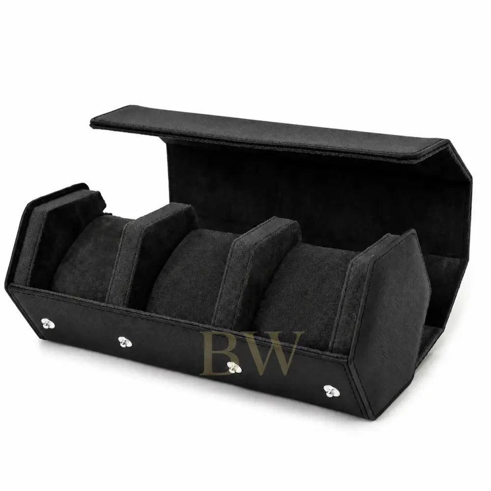 A black velvet jewelry organizer watch roll with three slots, shown open on a white background.