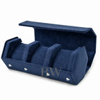 A navy blue velvet jewelry watch organizer box with three slots compartments, shown open on a white background.