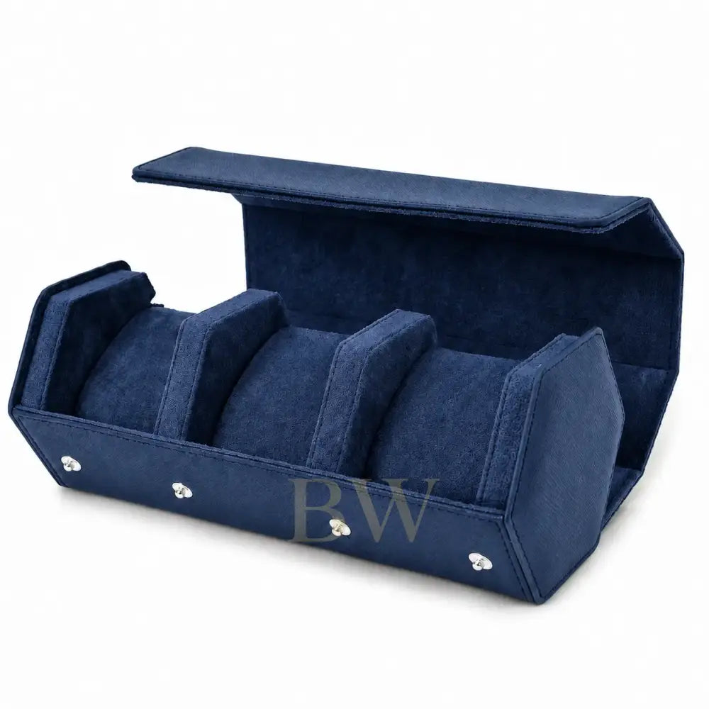 A navy blue velvet jewelry watch organizer box with three slots compartments, shown open on a white background.