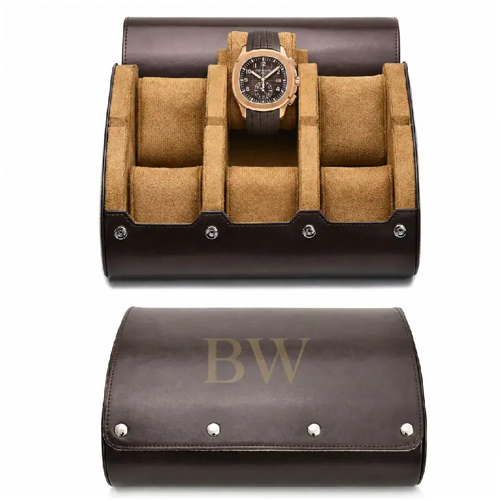 A dark brown leather watch roll case shown open and closed on a white background. The open case has tan felt compartments and holds a Patek Philippe luxury watch, while the lower closed view shows the exterior with silver-tone rivets.