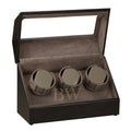 Brown watch box with three compartments on a white background