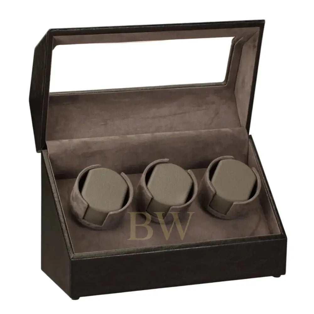 Brown watch box with three compartments on a white background