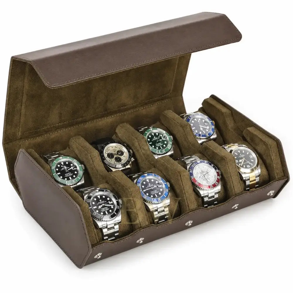 An open brown leather watch storage roll with a suede-lined interior, holding 8 slots on a white background.