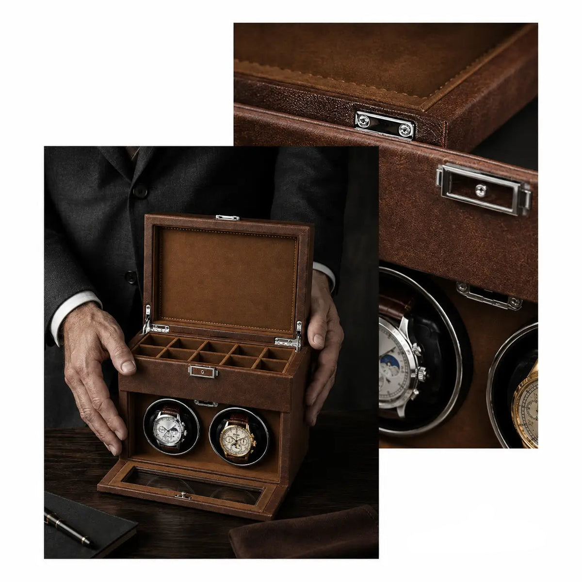 A Brummell Winders brown leather watch winder box shown open, with two watch wheels visible and a smaller inset detail of the interior and another inset showing the watch inside. A person in a dark suit is partially visible holding the box.