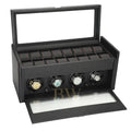 Black watch winder with four rotating watches on a white background