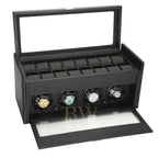 Black watch winder with four rotating watches on a white background