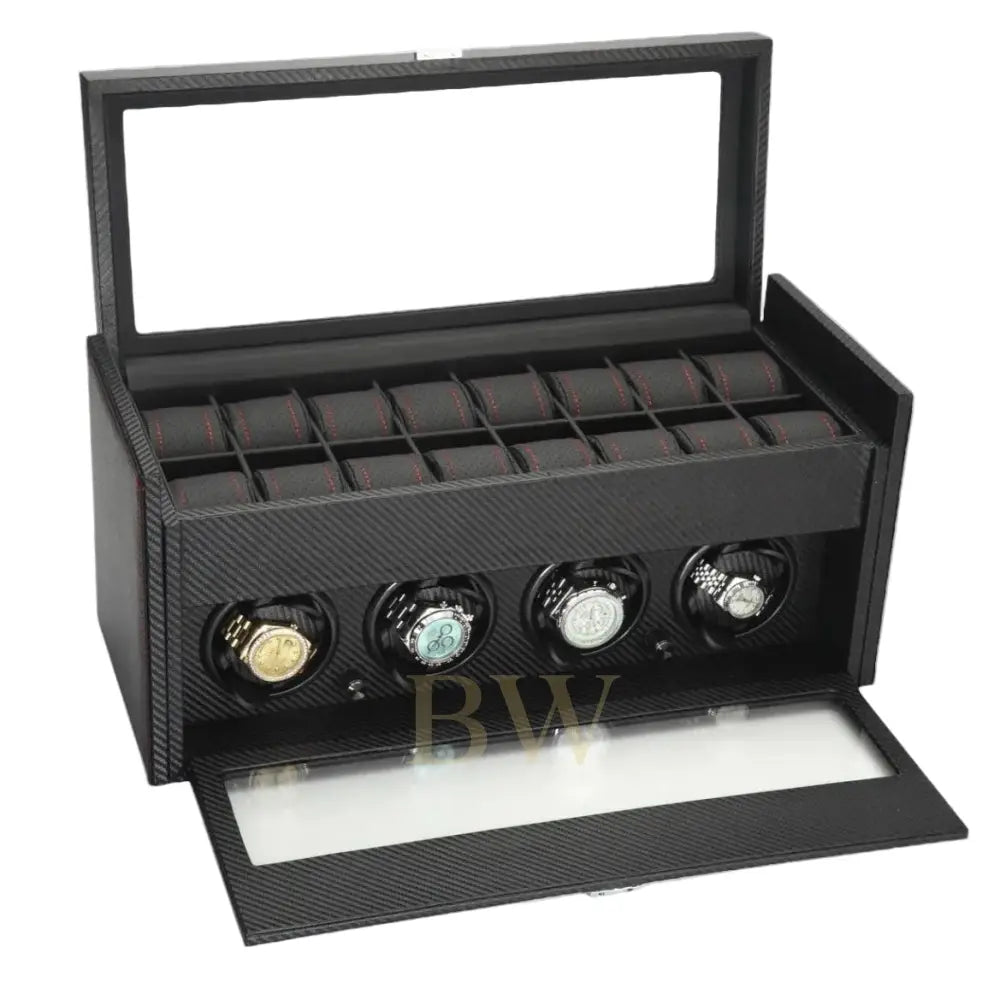 Black watch winder with four rotating watches on a white background