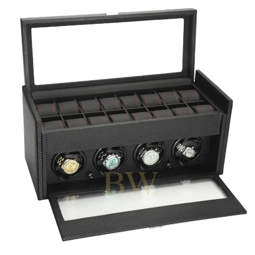 Black watch winder with four rotating watches on a white background
