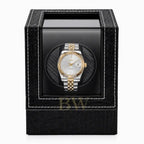 Luxury watch Seiko in a black leather croco watch winder box on a white background