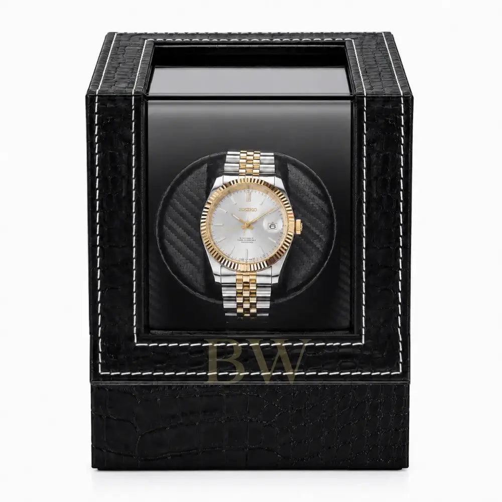 Luxury watch Seiko in a black leather croco watch winder box on a white background