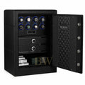 Black watch winder safe with open door displaying jewelry and Miron Atelier branding.