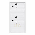 White safe with black circular features on a white background
